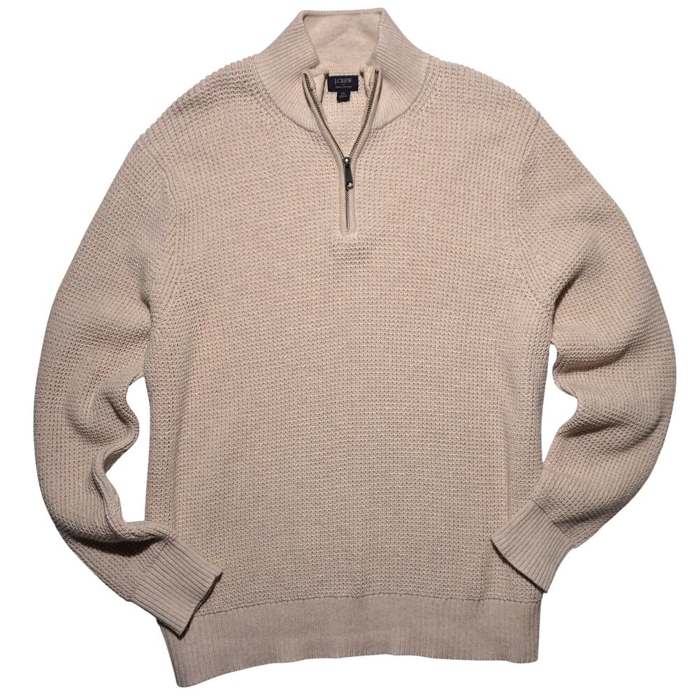 J.Crew Men’s Cotton Quarter-Zip Sweater – XL – Beige Textured Knit – YKK Zip